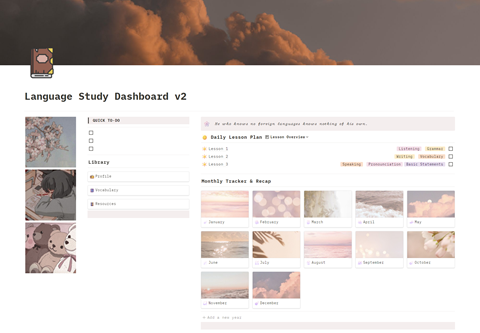 Language Study Dashboard theme v2: Cozy Sunset