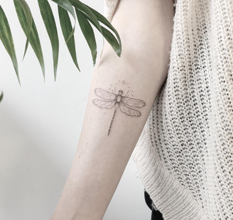 Fine line dragonfly tattoo