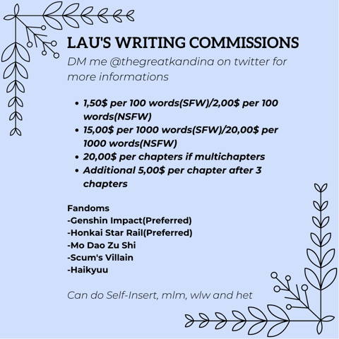 Lau's Writing Commissions Sheet(As of August 2023)
