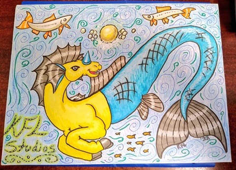 gold and blue hippocampus mailer