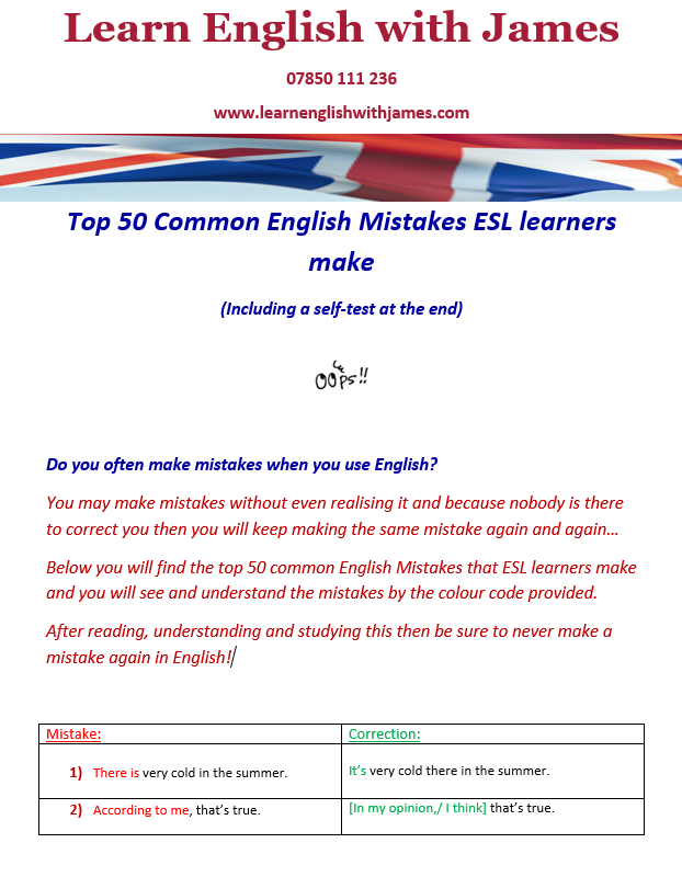 TOP 50 COMMON ENGLISH MISTAKES - James's Ko-fi Shop - Ko-fi