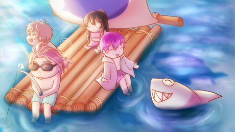 Raft with om Bon, Mika, Alban, and Uki Wallpaper