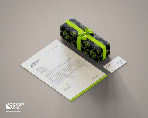 Stationery mockup with gift box left top view