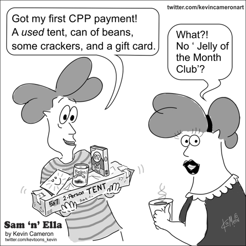 Sam gets his first CPP payment. 
