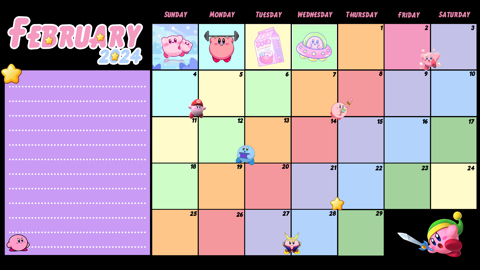 February 2024 Cute Kirby Themed Monthly Calendar Desktop - Tnar's Ko-fi