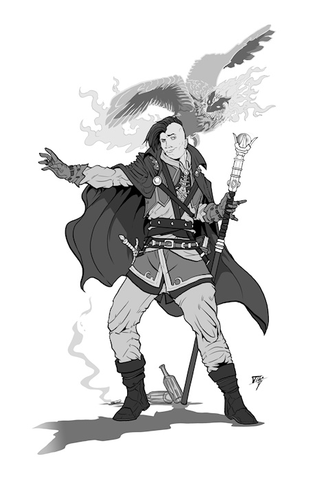 Commissioned: "Flame Wizard & Familiar", Greyscale