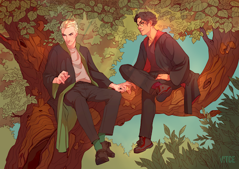 Harry and Draco sitting on the tree