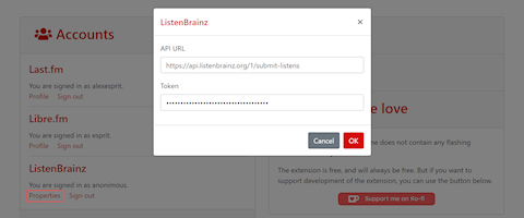 ListenBrainz custom API URL/token